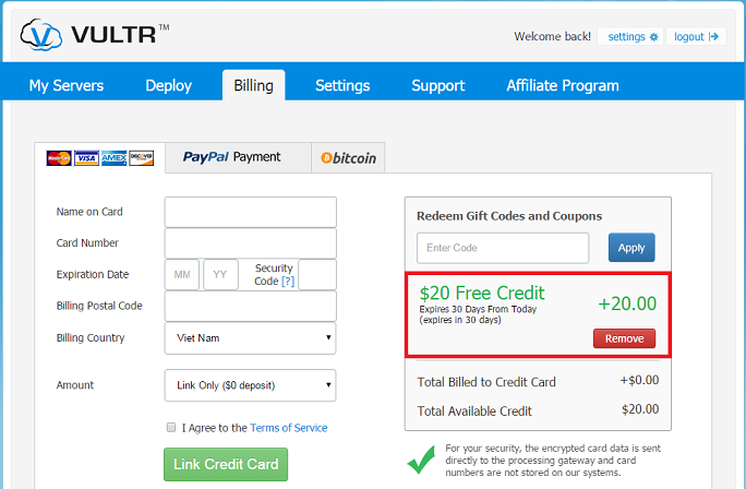 vultr coupon code free 20 usd